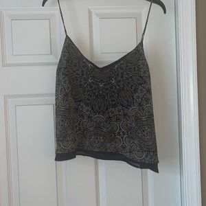 Cropped navy blue tank with multi color pattern